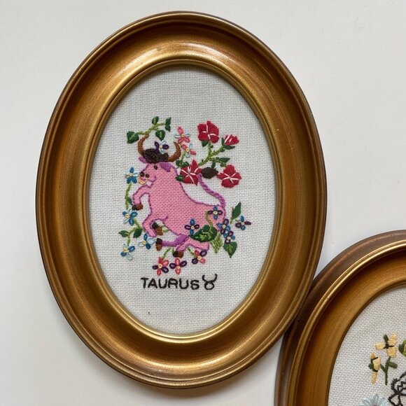 Embroidered Zodiac Horoscope Framed Wall Art Taurus Cancer Leo - Picture 2 of 6